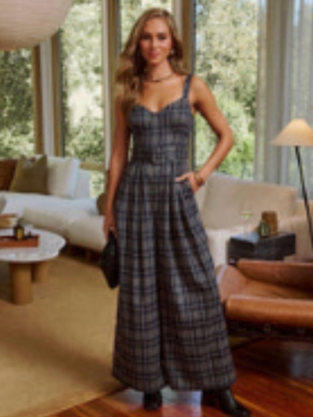 Vici Gray Plaid Wide-Leg Jumpsuit